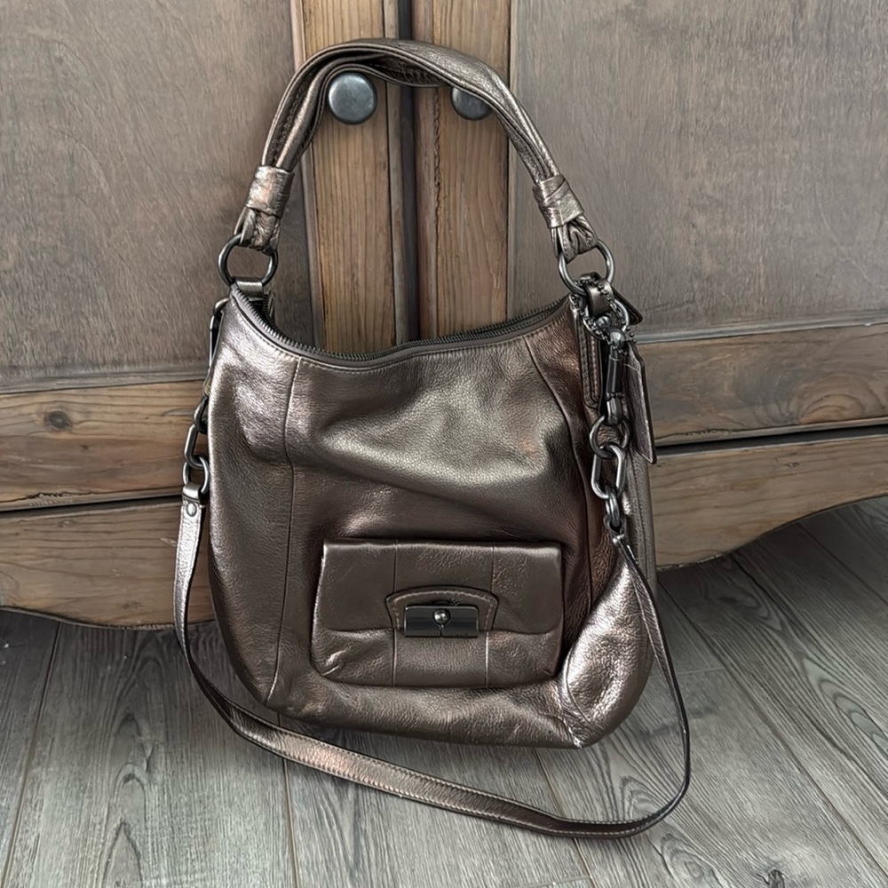 Vintage Coach Metallic Kristin Leather Hobo Bag with Turquoise inside